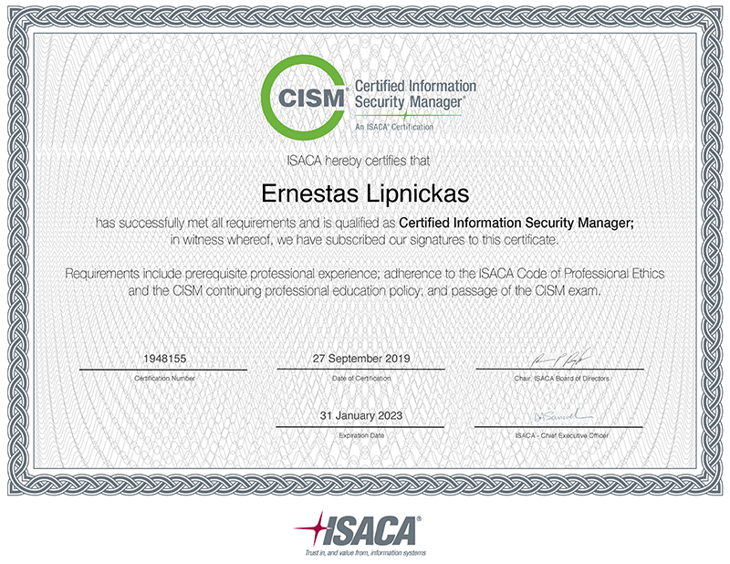 Erenesto Lipnicko CISM sertifikatas