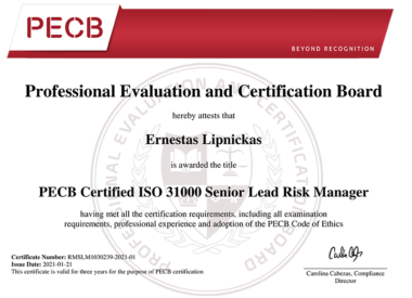 ADWISERY expert Ernestas Lipnickas received PECB Certified ISO 31000 Senior Lead Risk Manager certificate