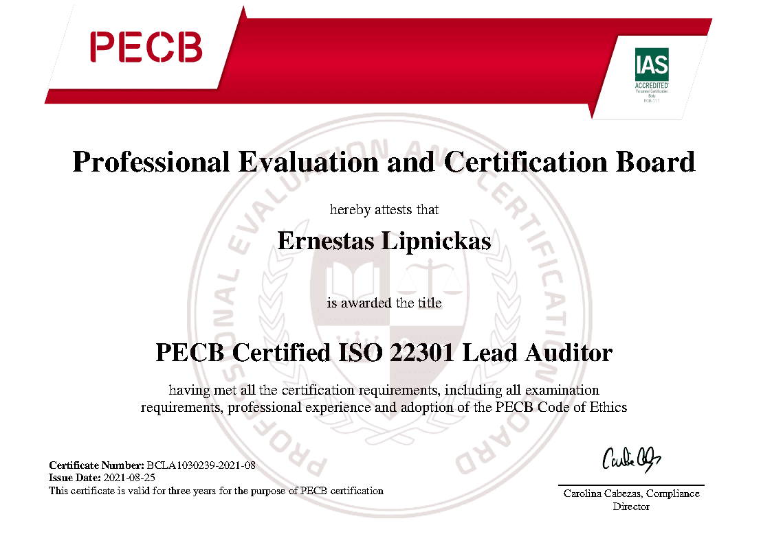 E.Lipnicko PECB Certified ISO 22301 Lead Auditor Certificate