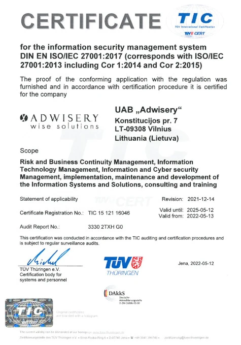 Adwisery - ISO 27001 certificate