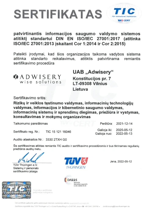 Adwisery - ISO 27001 sertifikatas