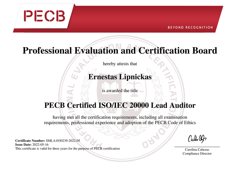 Erenestas Lipnickas ISO 20000 Lead Auditor certificate