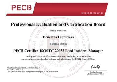 ADWISERY ekspertas Ernestas Lipnickas įgijo PECB ISO/IEC 27035 vyriausiojo incidentų vadovo sertifikatą