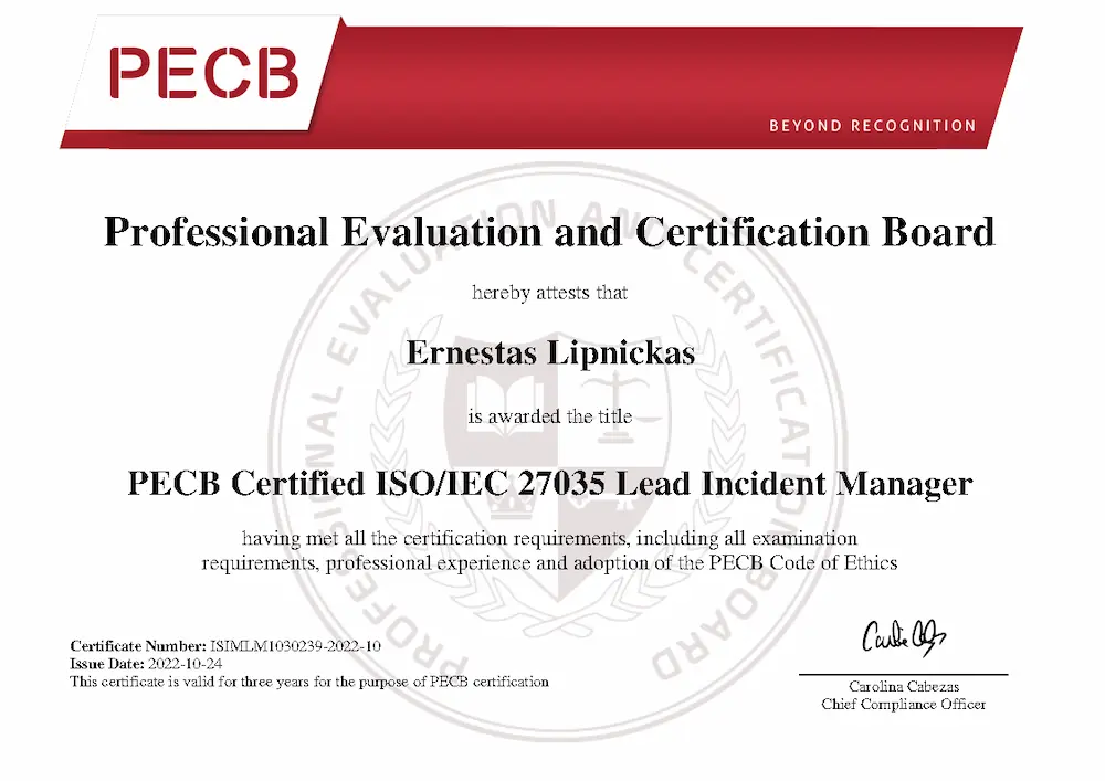 Ernesta Lipnickas ISO/IEC 27035 Lead Incident Manager Certificate