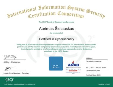 ADWISERY expert Aurimas Šidlauskas obtained The ISC2 CC certificate