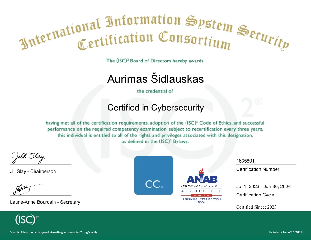 Aurimas Šidlauskas ISC2 CC certificate