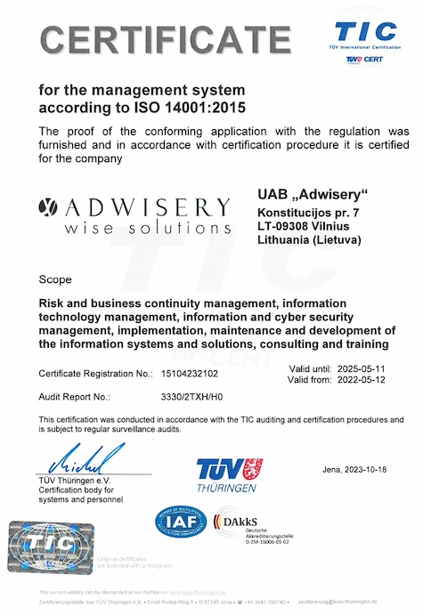 Adwisery - ISO 14001 certificate