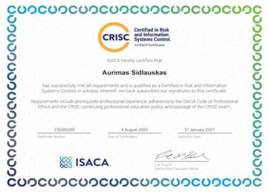 ADWISERY expert Aurimas Šidlauskas obtained The certificate of risk and information systems control specialist (CRISC)