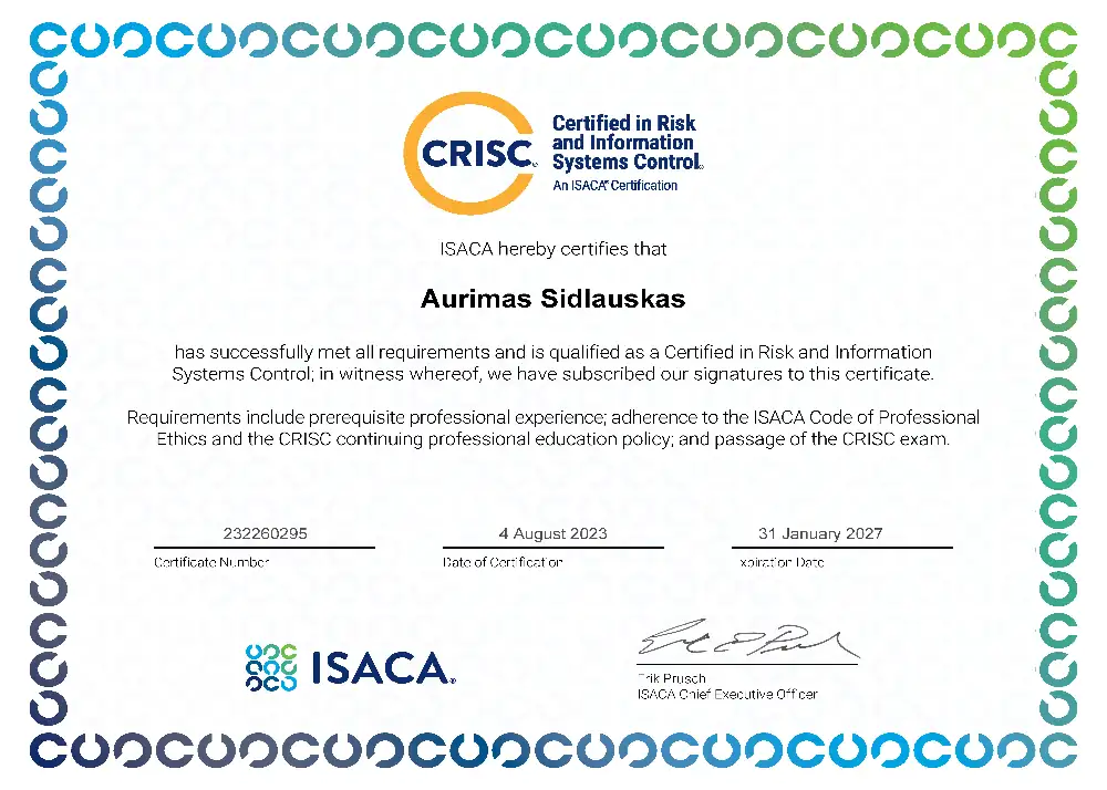 Aurimo Šidlausko CRISC sertifikatas