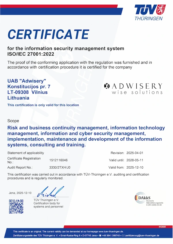 Adwisery - ISO 27001 certificate