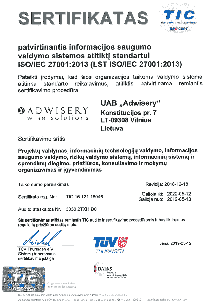 Adwisery - ISO 27001 sertifikatas